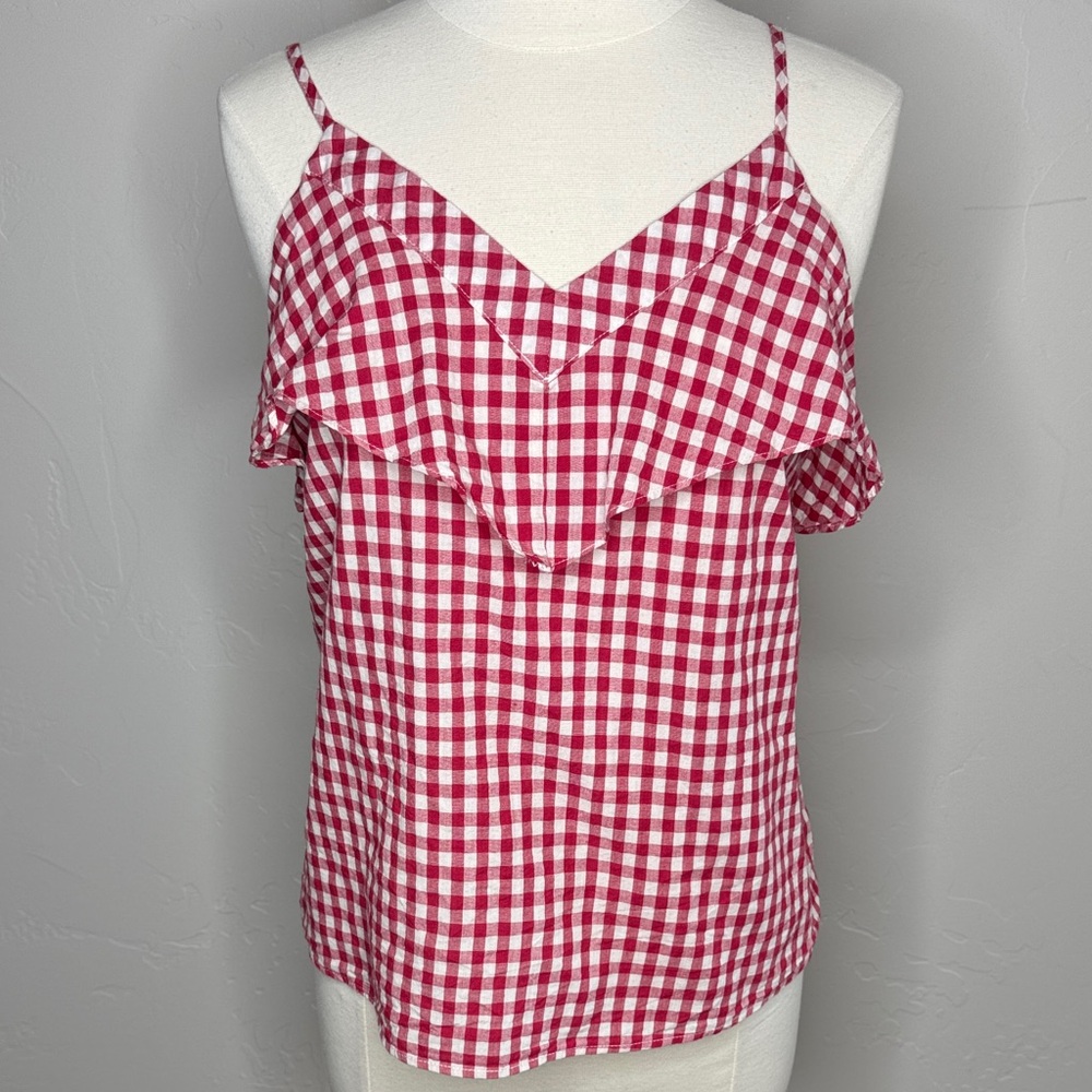Red Gingham Ruffle Cami Top With Back Tie & Adj Straps